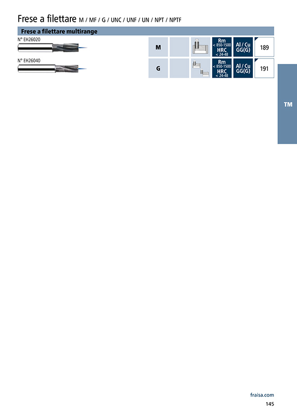 Frese a filettare multirange M / MF / G / UNC / UNF / UN / NPT / NPTF