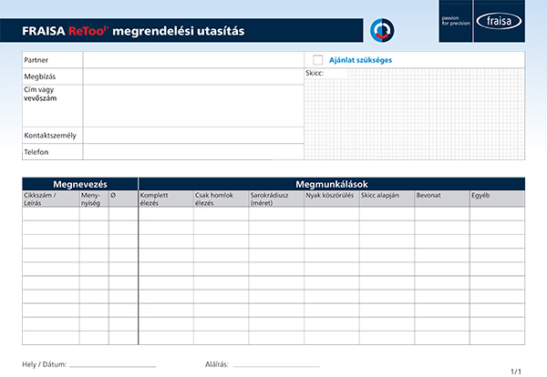 FRAISA ReTool® megrendelési utasítás